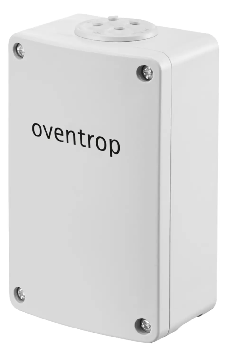 Weißes Oventrop-Feldmodul mit Abdeckung, seitlichen Schrauben und mehreren Tasten auf der Oberseite, geeignet für die Montage in Innenräumen.